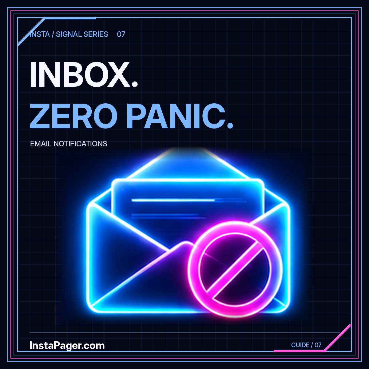Inbox, zero panic: blue and magenta neon email graphic