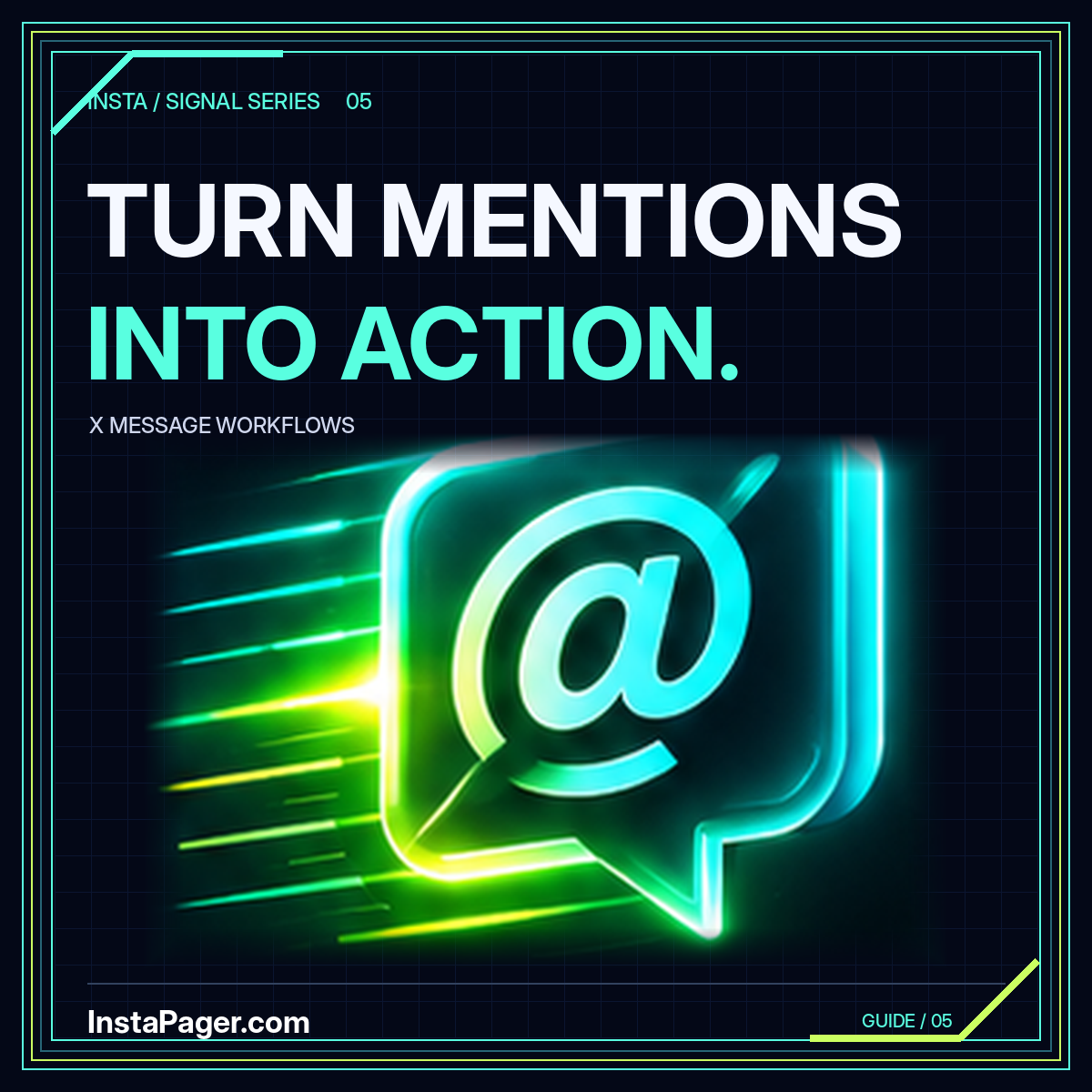 Turn mentions into action: electric green and cyan at-sign graphic